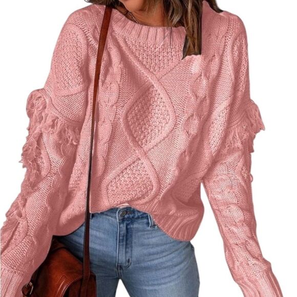 Simply Southern Womens Medium Fringe Sleeve Pullover Sweater Pink Cable Knit - Picture 1 of 9